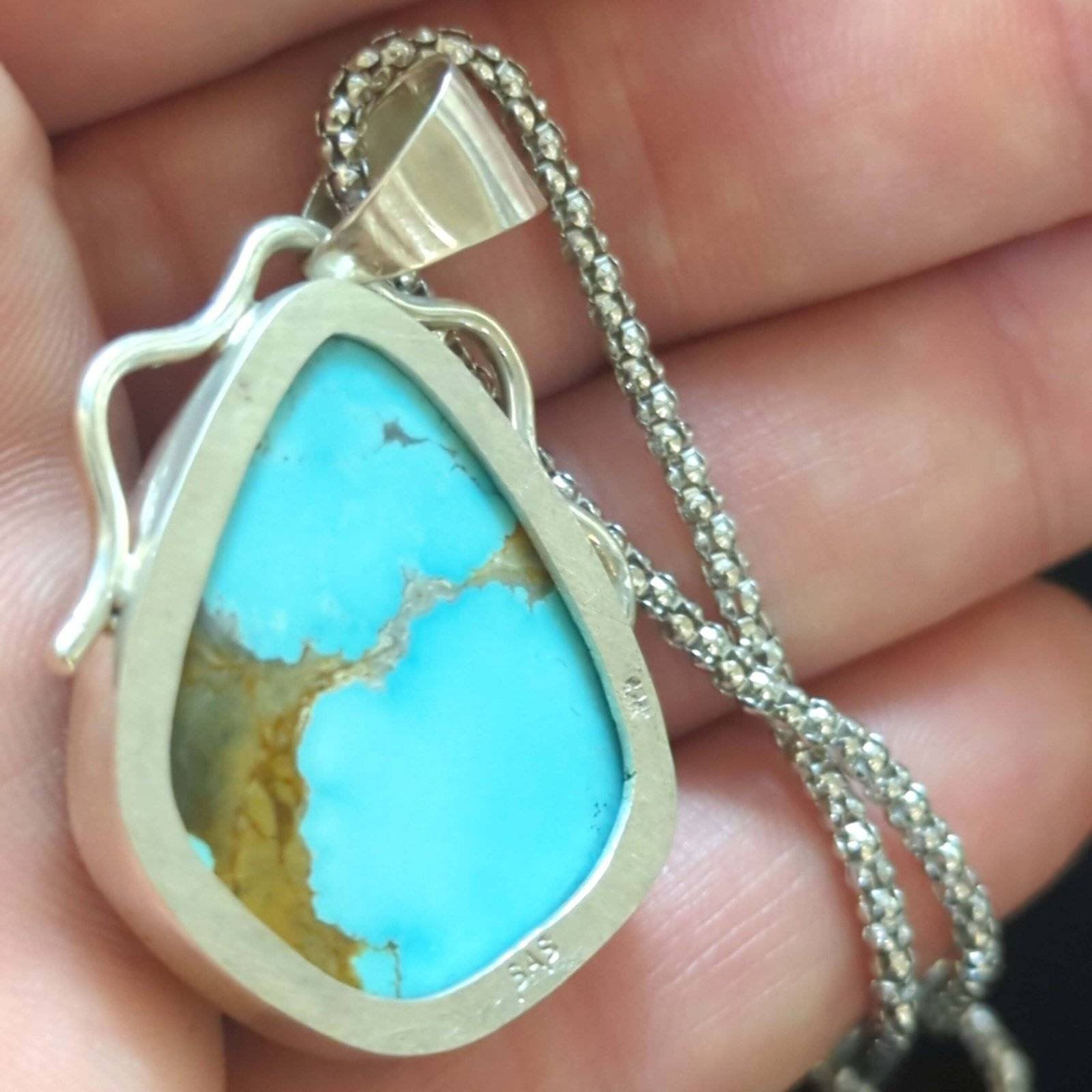 Silver Pendant with thick Cerrillos Turquoise Gemstone
